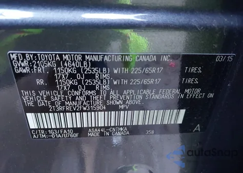 2015 Toyota Rav4 Xle from USA, damaged, VIN 2T3RFREV2FW315904